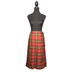 Vintage 90s Vintage Scottish Tartan Midi Skirt, Size 18, Pure New Wool Red Plaid